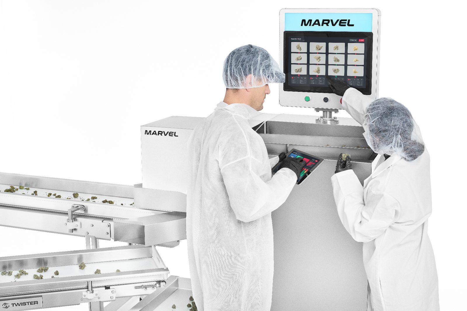 Two operators in cleanroom gowning inspecting a Marvel grading line, reviewing per-flower rejection decisions on the touchscreen.