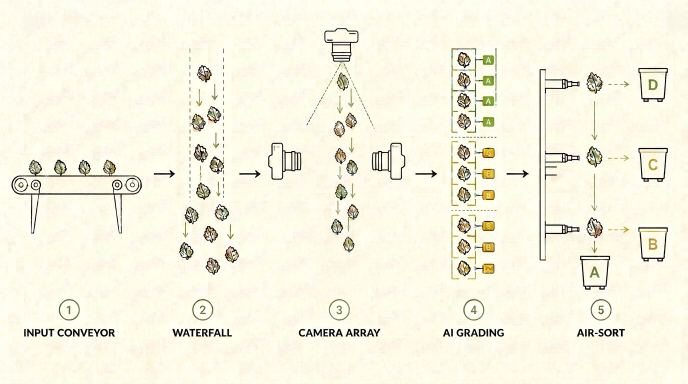 Marvel process flow: input conveyor, waterfall, camera array, AI grading, and air-sort into pass-through plus up to three streams
